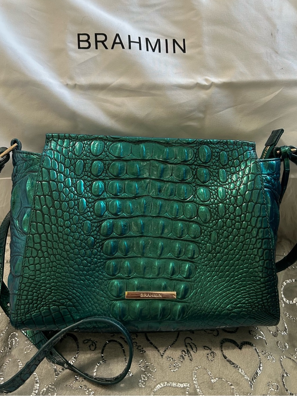 NWT Brahmin Hillary Shoulder Bag in Mystic Green Melbourne Croc Leather. - Picture 2 of 13